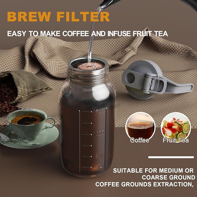 Cold Brew Coffee Maker Jar - 64oz Wide Mouth,LeakProof,Heavy Duty Glass Mason Pitcher with Spout Lid,Handle & Stainless Steel Filter for Iced Coffee,Lemonade,Ice Tea & Fruit Drinks