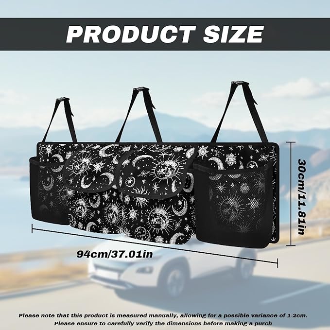 CLOHOMIN Black Car Trunk Organizer for Sedan Truck SUV Van Sun and Moon Back Seat Storage with 4 Pockets Hanging Car Cargo Trunk Storage Organizer Bag