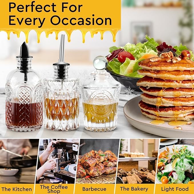 INFTYLE Syrup Bottle Set of 3 - Syrup Dispenser with Leak-Proof Lids Pour Spout Ideal for Coffee Syrups,Honey,Condiments,Olive Oil
