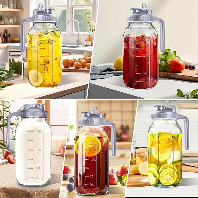 64oz Glass Pitcher with Lid, 2 Quart Mason Jar Pitchers with Lid and Spout, Wide Mouth Breast Milk Pitcher Glass Jug Sun Tea Pitchers, Cold Brew Coffee pitcher, Fridge Container for Water, Juice, Tea