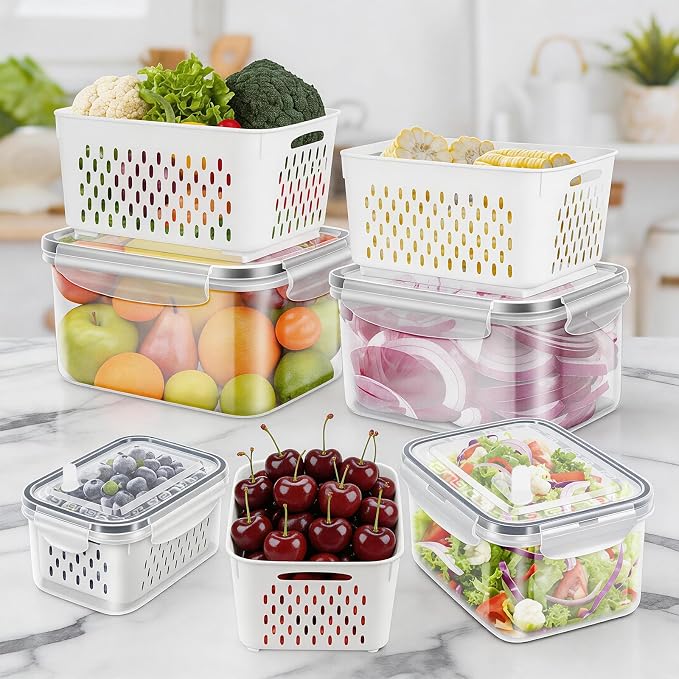 8-Piece Fruit Storage Containers for Fridge, BPA Free Plastic, Airtight with Vent Holes and Removable Colander, Refrigerator Organizer for Vegetables, Meat, Berry