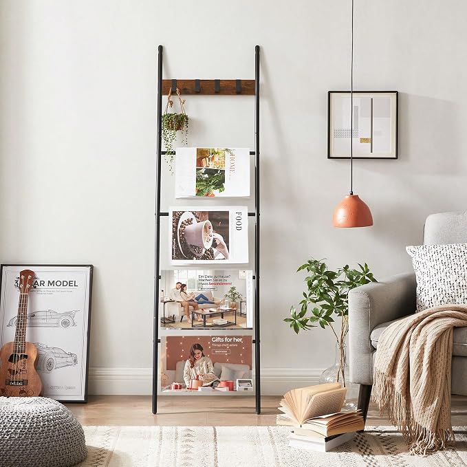 Blanket Ladder, 5-Tier with 4 Removable Hooks, Steel and Particleboard, Black, 17.3x63 Inch, Anti-Tip Kit Included