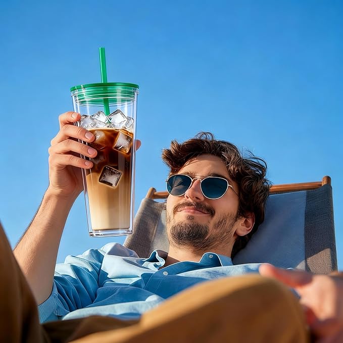 24oz Tumbler with Lid and Straw, Leak Proof and Double Wall Insulated Reusable Plastic Cups,Travel Reusable Iced Coffee Cup (1, Cyan)
