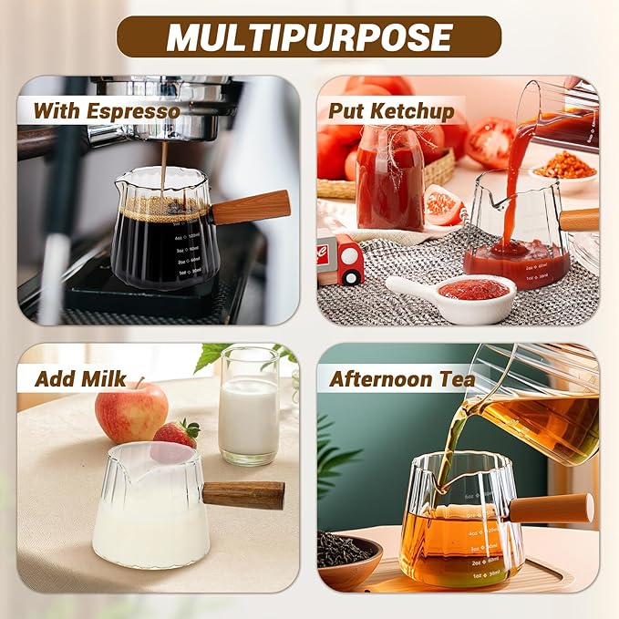 2 PCS Espresso Measuring Cup 6 Oz, Espresso Glass Cups with Wood Handle, Milk Frothing Cup, Espresso Cup for Coffee, Milk, Tea or Maple Syrup Serving