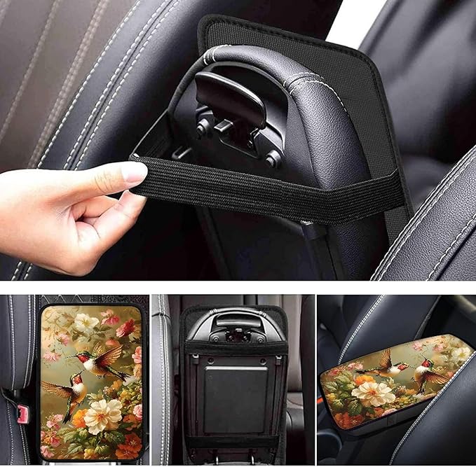 Hummingbird Peony Print Car Center Console Cover,Auto Armrest Box Pad,Soft Auto Arm Rest Cover for Most Vehicle SUV Truck Car