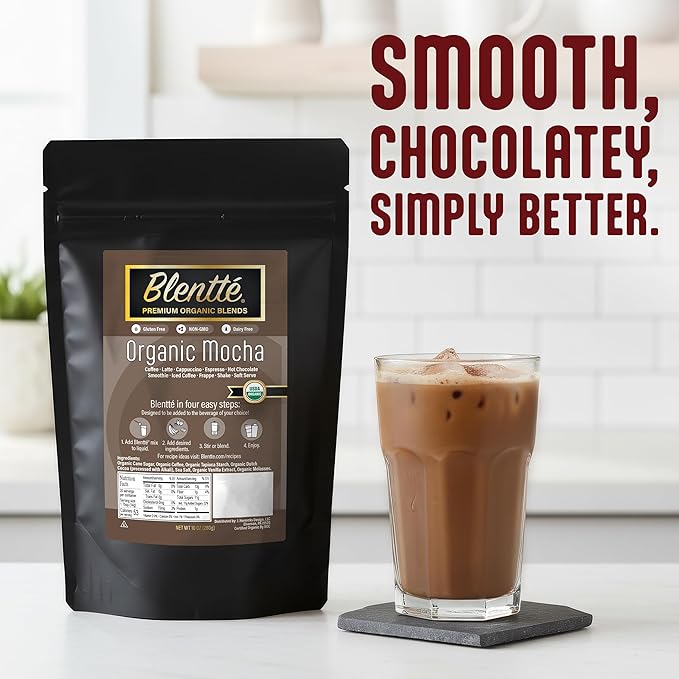 Blentte - Organic Mocha Drink Mix - Latte, Cappuccino, Frappe, Hot Chocolate & Coffee Blend - For Instant Smooth Chocolatey Beverage - Non-GMO - Dairy-Free - Gluten-Free - 10 Oz