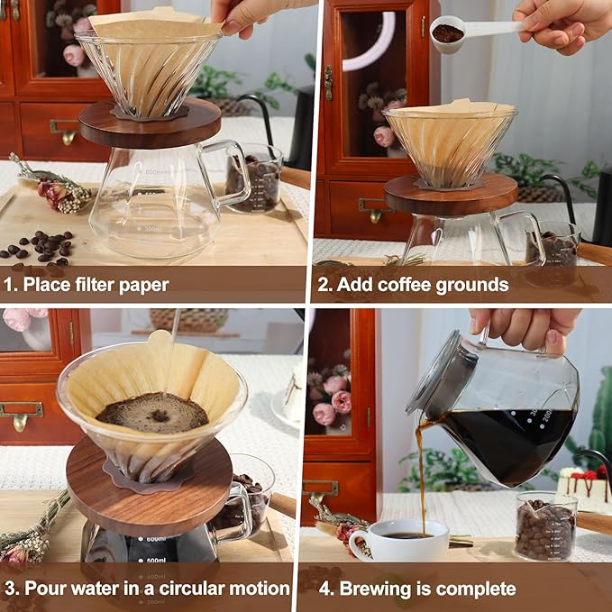 Pour Over Coffee Maker Set 600ml 20.3oz Portable with 100 Pcs Filter Paper Glass Coffee Maker High Borosilicate Glass Eagle Beak Spout Design Walnut Wood Base for Pour Over for Daily Brewing