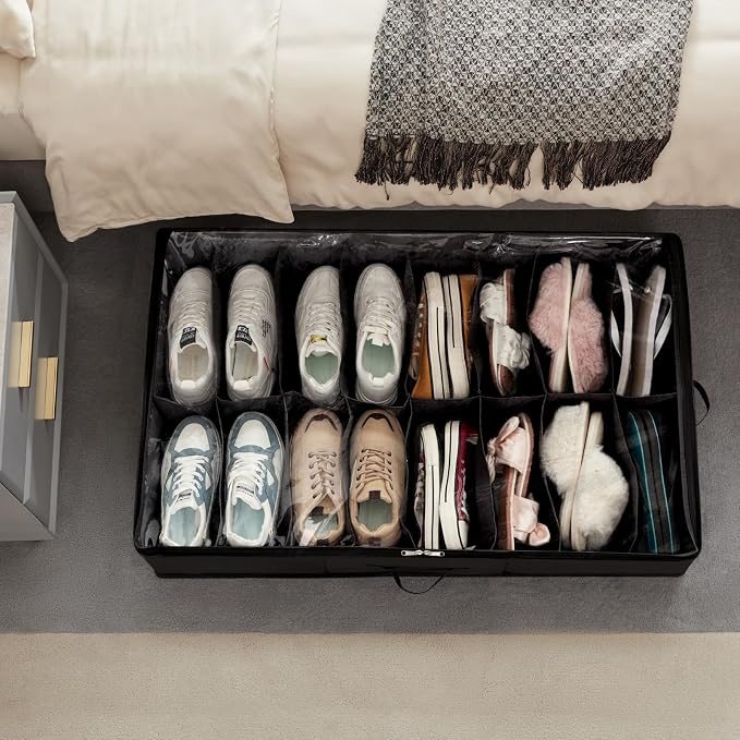 Lifewit Under Bed Shoe Storage Organizer 2 Pack(16 Shoes Cells+4 Boots Cells), 4.3 Inches Profile Fabric Shoes Container Box with Clear Cover, Foldable Storage Bag with 2 Handles, Fits 24 to 40 Pairs