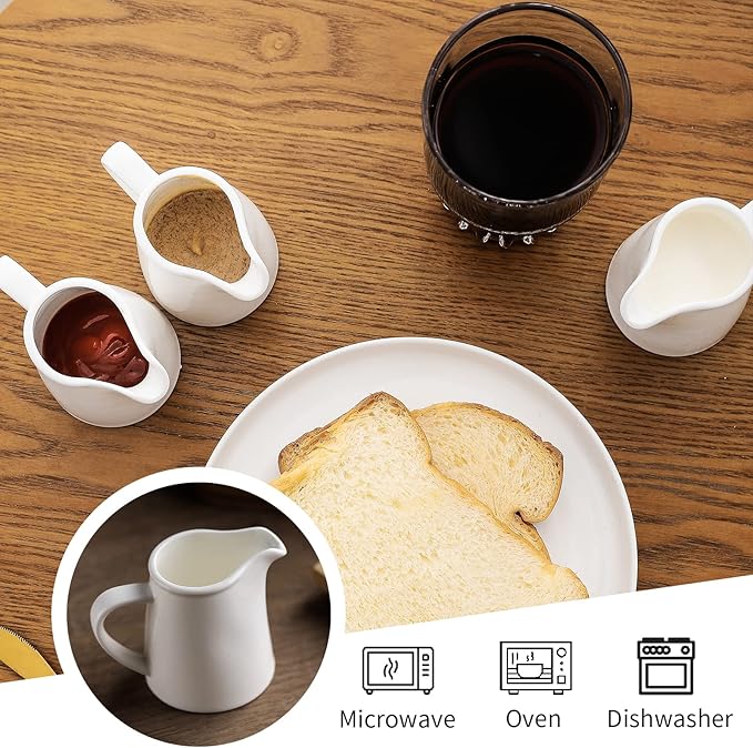 OMAYKEY 4.5 OZ 6-pcs Porcelain Creamer with Handle, Small Ceramic Cream Pitcher Sauce Pitcher Serving for Coffee Tea Milk - White