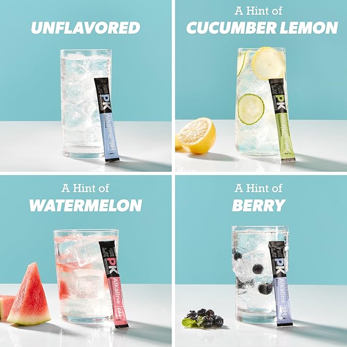 Pure Kick Alkaline pH 8.5 or Higher Powdered Drink Mix Packets Variety Pack, 30 Singles to Go!, Unsweetened with a Hint of Flavor - Watermelon, Berry, Cucumber Lemon & Unflavored, 30 Servings