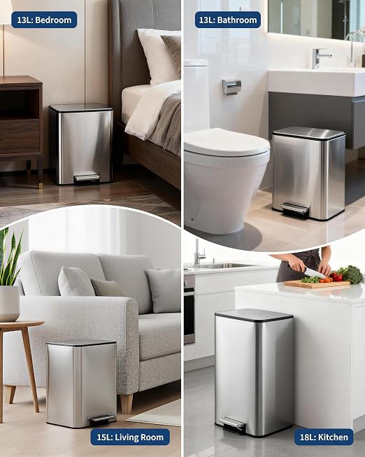 4.8 Gallon/18 Liter Trash Can, Stainless Steel Step Garbage Can with Quiet Soft-Close Lid, Foot Pedal & Removable Inner Bucket, Rectangular Trash Bin for for Small Kitchen Home Garage Office, Silver