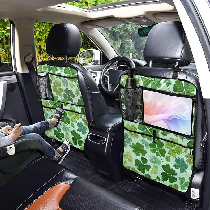 2 Pack Back Seat Car Organizer with Storage Pockets Kick Mats Back Seat Protector Hanging Car Organizer Automotive Seat Back Cover Organizers Green Nature St Patrick Clovers
