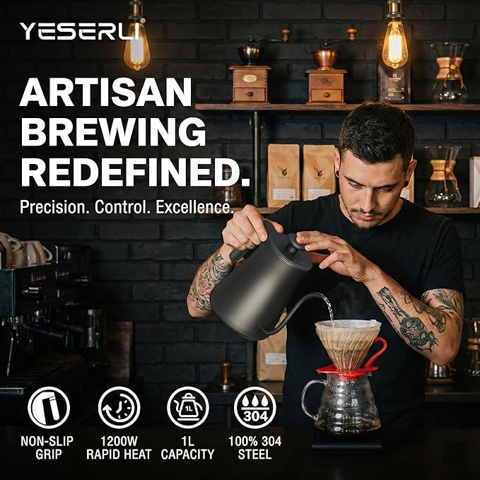 Expert Brew Electric Pour-Over Coffee Kettle, 1.0L Variable Temperature Water Heater (104-212°F) for Barista Brewing, 304 Stainless Steel Interior, Fast Boiling & 1200W Rapid Heat, Matte Black Finish