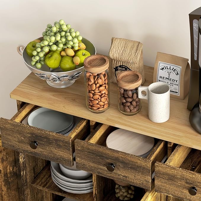 HOMCOM Sideboard Buffet Cabinet with Solid Wood Countertop, Modern Kitchen Storage Cabinet, Coffee Bar Cabinet with 3 Drawers, Doors and Adjustable Shelf, Rustic Brown