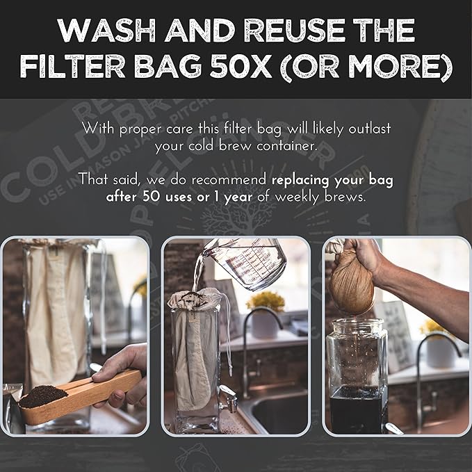 (1-Pack, Large 12in x 12in) Organic Cotton Cold Brew Coffee Bag - Designed in California - Reusable Coffee Filter with EasyOpen Drawstring Cold Brew Maker for Pitchers, Mason Jars, & Toddy Systems