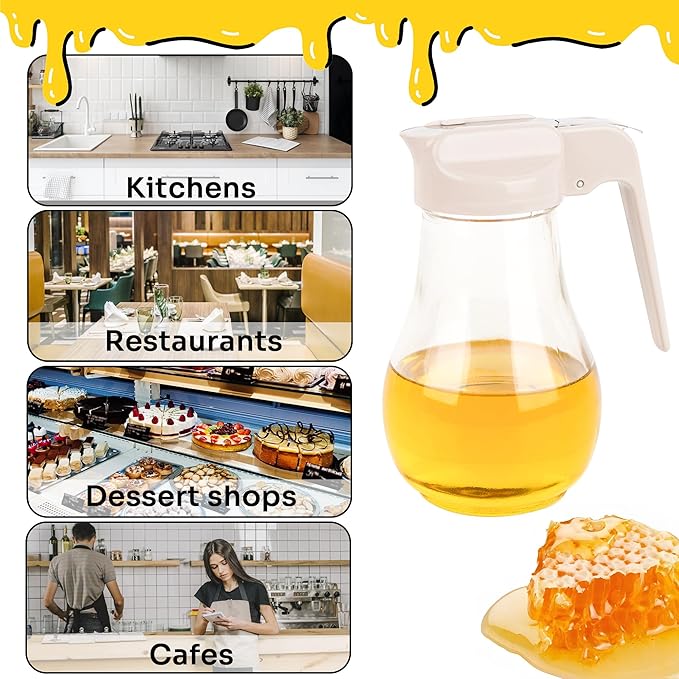 13.5oz Glass Syrup Dispenser with No-Drip Stainless Steel Spout - Honey Jar, Maple Syrup Pourer & Oil Cruet - Cream White Kitchen Container for Pancakes & Waffles
