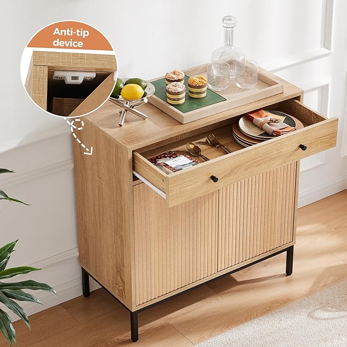 Mericonia Set of 2 Buffet Sideboard Cabinet with Storage, Fluted Coffee Bar with Doors and Adjustable Shelves, Modern Wood Console Cabinet for Kitchen, Livingroom