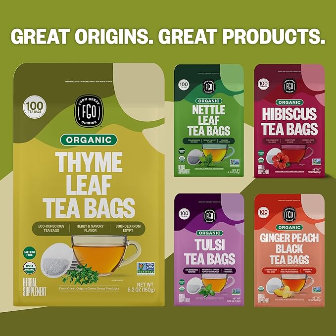 FGO Organic Thyme Leaf Tea, 100 Count, Eco-Conscious Tea Bags, Caffeine Free, Resealable Bag, Packaging May Vary (Pack of 1)