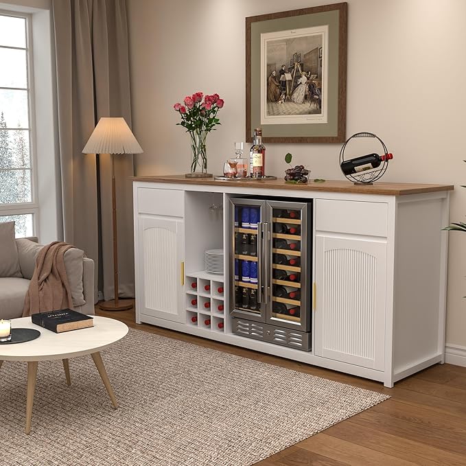 GDLF Extra Long Bar Cabinet with Fridge Space, Modern Wine Liquor Cabinet with Storage and Power Outlet, Buffet Sideboard with Fluted Doors for Home, 78.7 Inch, White