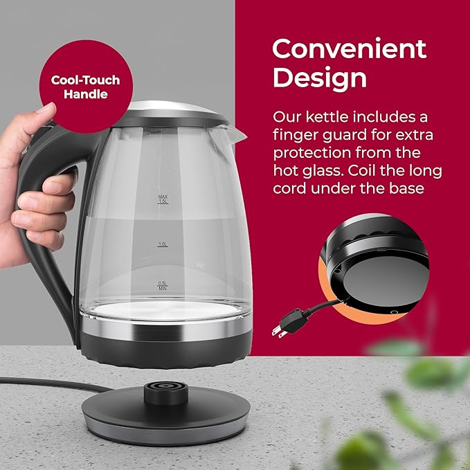 MuellerLiving Glass Kettle 1.5L 1500W LED Light Electric Tea Kettle Automatic Shut-Off with SpeedBoil Tech and Boil-Dry Protection (Pack of 2)