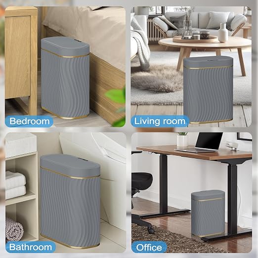 steo spce Bathroom Small Trash Can with Automatic Touchless Lid, 2.6 Gallon Smart Garbage Can Narrow Waterproof Trash Bin for Bedroom, Office, Living Room (Gold Grey)