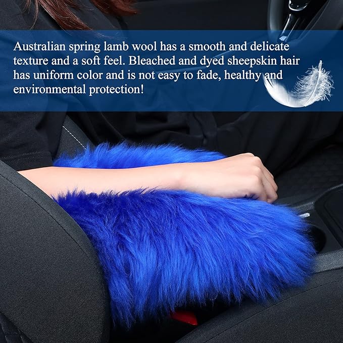 Frienda Furry Armrest Cover Auto Center Console Cover Car Soft Console Pad, Real Sheepskin Wool Soft Fluffy Auto Center Armrest Pad for Most Car Decoration Protector(Blue)