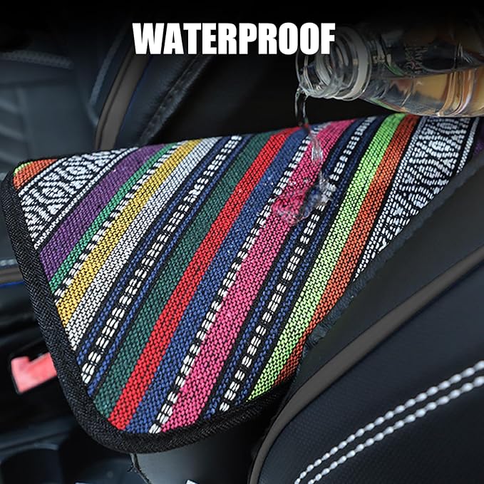 Car Center Console Cover, 12.6x7.5 Inch Car Armrest Pad, Boho Style Linen Armrest Seat Box Cover, Auto Armrest Cover Protector for Most Vehicle, SUV, Truck