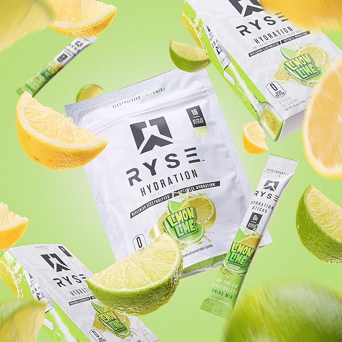 RYSE Hydration Electrolyte Powder Drink Mix Packets - Lemon Lime - Sugar-Free Full Spectrum Electrolytes with Essential Vitamins, Taurine and Choline for Rehydration - 16 Serving Sticks