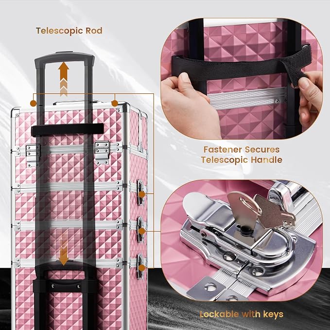 Stagiant Rolling Makeup Train Case Cosmetology Case on Wheels 4 in 1 Large Cosmetic Organizer Box Makeup Travel Case with Key Swivel Wheels Nail Artist Salon Storage Traveling Cart Big Trunk Pink