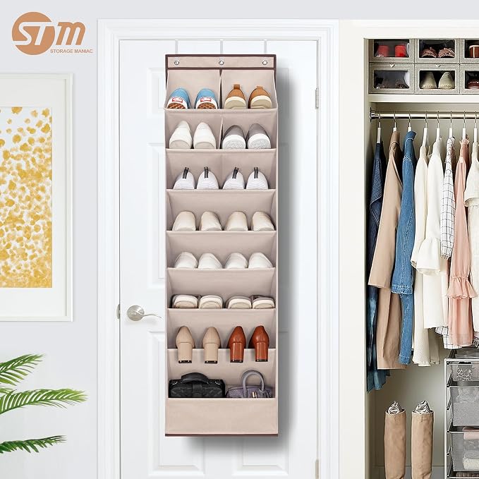 STORAGE MANIAC Over the Door Shoe Organizer Heavy-Duty Large Deep Pocket Hanging Shoe Organizer Shoe Rack Door Closet Shoe Organizer for Wall, Dorm & Narrow Door Storage Shoe Holder Oat Beige, 2 Pack