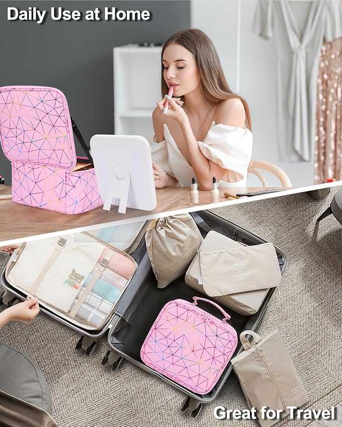 Relavel Travel Makeup Bag with LED Mirror, Portable Cosmetic Train Case with 3 Color Lighted Brightness Mirror, Makeup Artist Organizer Storage with Adjustable Dividers Make Up Box - Pink Geometric
