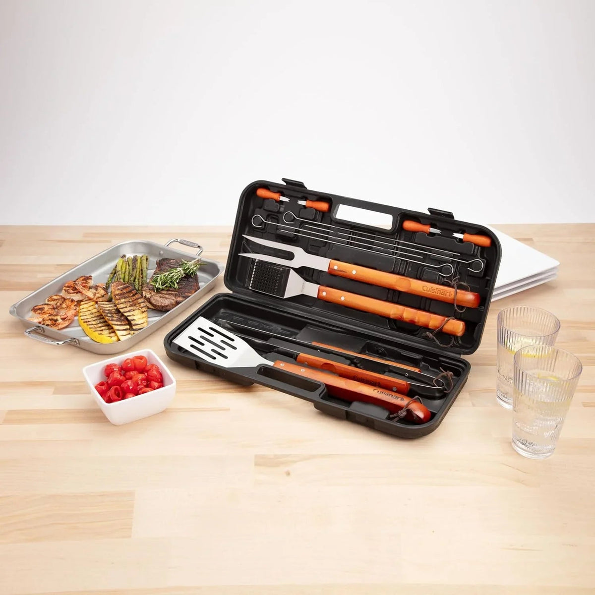 Cuisinart 13-Piece Wooden Handle Grill Tools Set, Grill Utensils Set BBQ Accessories, Durable Stainless Steel Spatula, Tongs, Cleaning Brush & More, Compact Case, Grilling Gifts for Men, CGS-W13