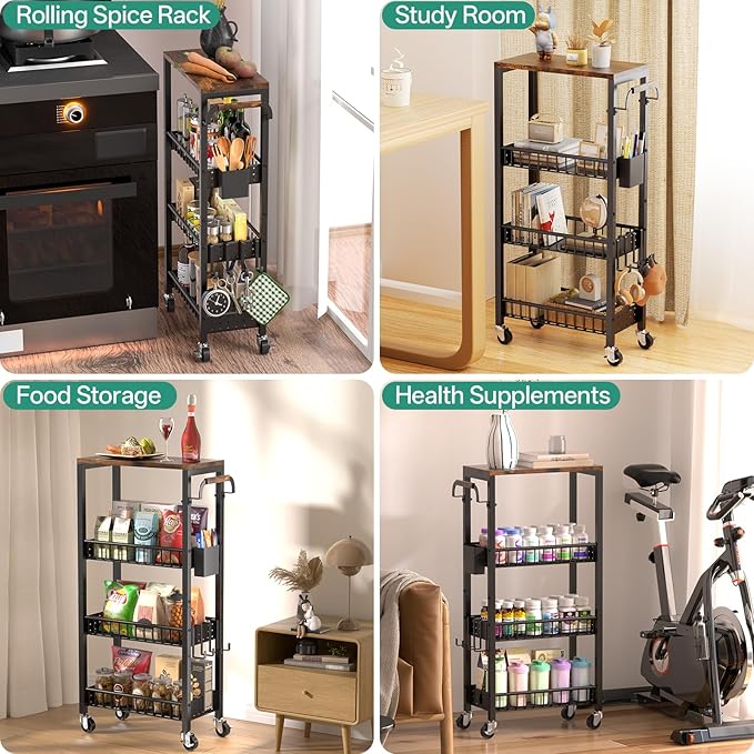Laundry Room Organization Cart, 4 Tier Slim Rolling Cart for Small Narrow Spaces, Storage Shelf Cabinet with Wheels for Bathroom, Utility Room, Kitchen, Near Washer and Dryer (9.1" W Overall)
