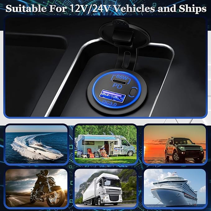 83W 12V USB Outlet, 18W QC 3.0 USB A & 65W PD USB C Car Charger Socket with ON Off Switch for Car Golf Cart Boat Marine Bus Truck RV Marine Motorcycle
