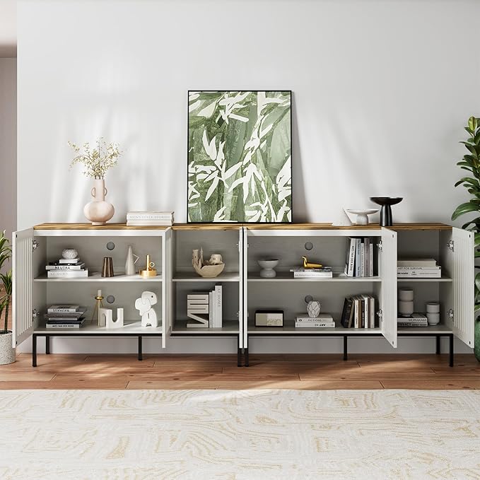 95" Farmhouse Buffet Cabinet with Grille Doors, Adjustable Shelves & 6 Doors, Storage Sideboard with Metal Base for Kitchen, Dining & Living Room, Antique White