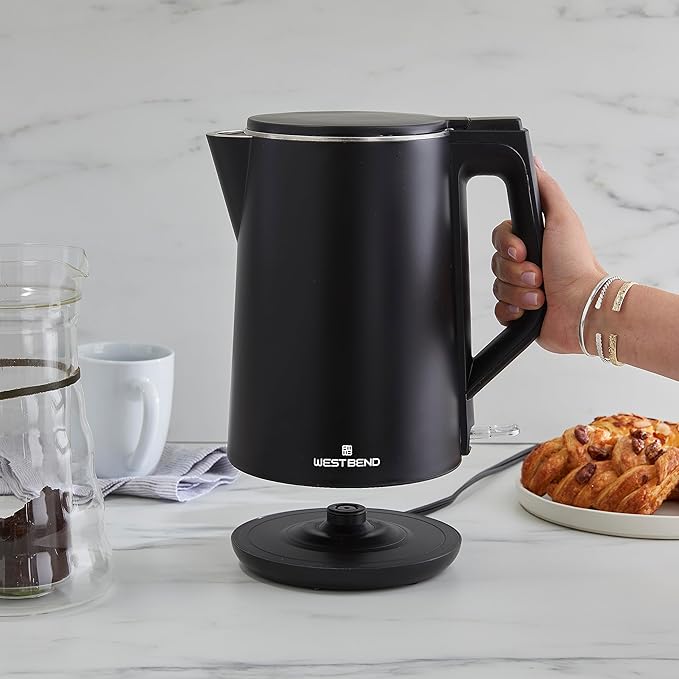 West Bend Electric Kettle Cordless Serving Features Stainless Steel Interior Boil Dry Protection and Auto Shut Off, 1.5-Liter, Black