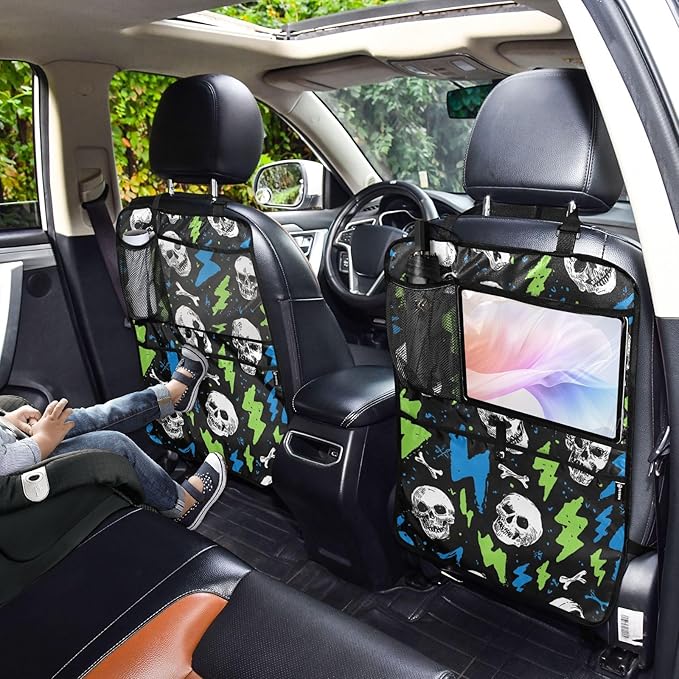 2 Pack Back Seat Car Organizer with Storage Pockets Kick Mats Back Seat Protector Hanging Car Organizer Automotive Seat Back Cover Organizers Skull Lightning Colorful