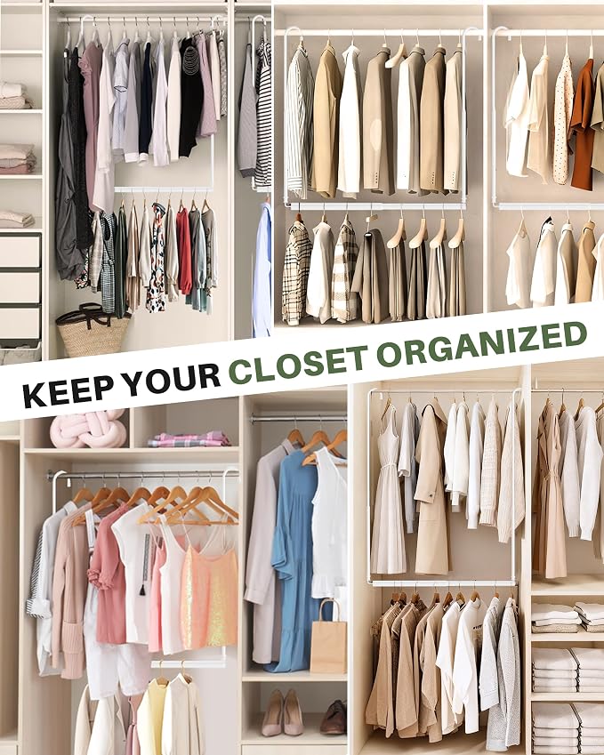 Hanging Closet Rod, Adjustable Height & Width Closet Rods for Hanging Clothes-Closet Extender Hanging Rod Space-Maximizing Design Suitable for Hanging and Drying Clothes, White
