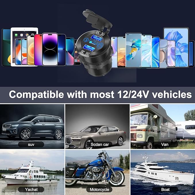 12V USB Aluminum Car Charger Socket PD 3.0 Type C and Dual Quick Charge 3.0 USB Port Multiple Waterproof 12V/24V USB Outlet with Touch Switch Fuse Wire Kit for Car Boat Marine RV Motorcycle, etc.