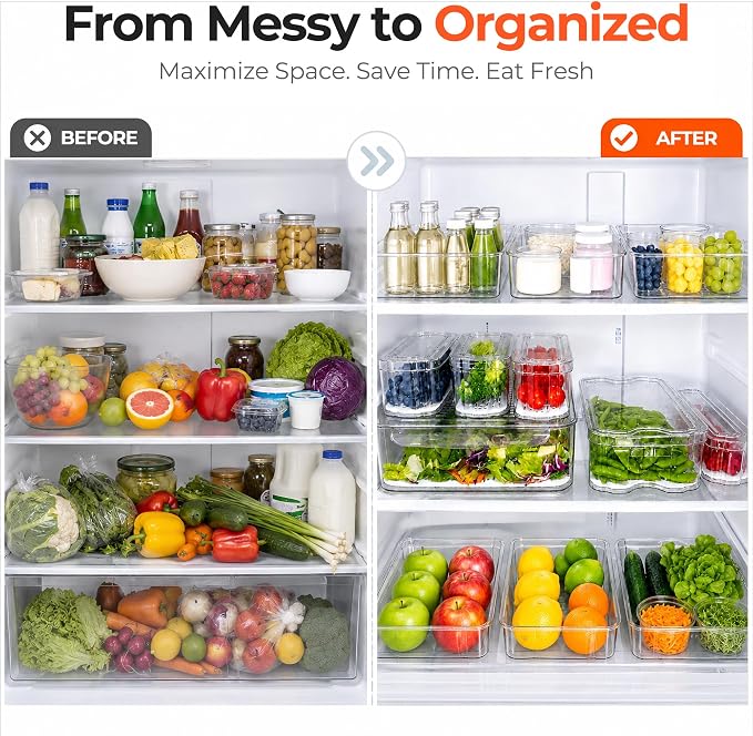 SMRCAD Refrigerator Organizers and Storage, 8 Pack with 1 Pull-Out Drawer and 7 Lidded Bins, Fruit Storage Containers for Fridge with Drain Trays, Helps Keep Produce Fresh