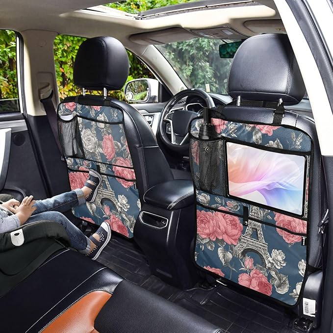 1 Pack Back Seat Car Organizer with Storage Pockets Kick Mats Back Seat Protector Hanging Car Organizer Automotive Seat Back Cover Organizers Blue French Eiffel Tower and Roses