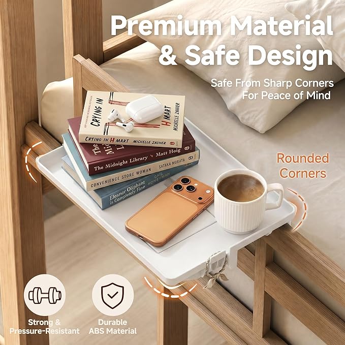 Space-Saving Clamp-On Bedside Tray, Tool-Free Floating Nightstand with Hidden Compartment & Cord Slots, 13x9.5 Bed Shelfie for Rails up to 2.9", White