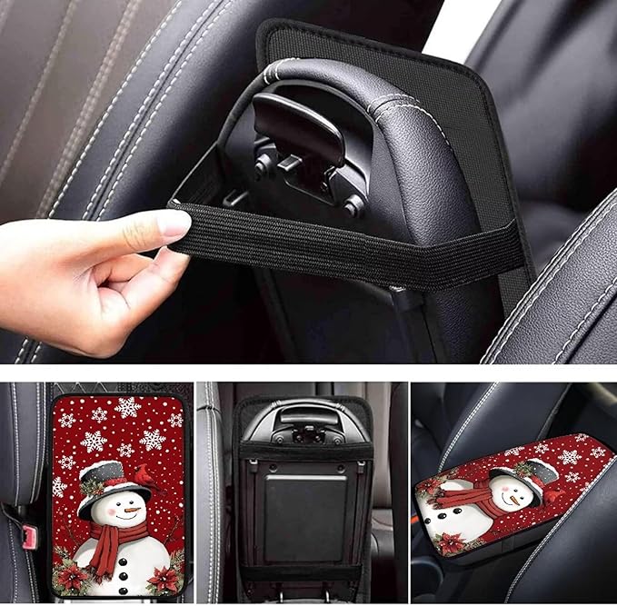 Horeset Christmas Snowman Poinsettia Anti-Scratch Car Armrest Cover Center Console Automobile Arm Rest Cushion Interior Accessories Fit SUV Sedan Truck