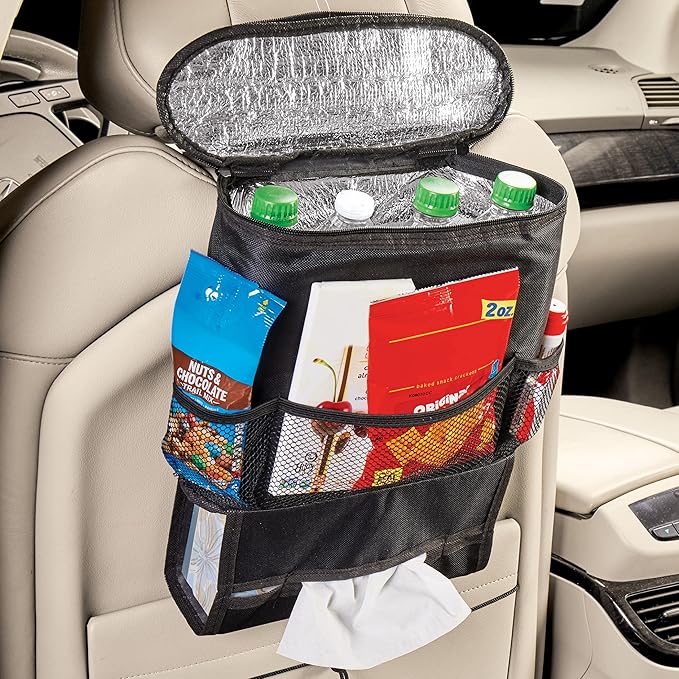 Collections Etc Hanging Back Seat Car Organizer, Storage, and Cooler Bag - Features an Insulated Compartment, 3 Mesh Pockets, Built-in Bottom Tissue Dispenser, Adjustable Top Strap