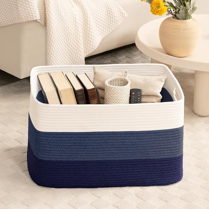 86L Extra Large Laundry Basket with Leather Handles for Living Room Storage, Woven Rope Baskets for Blanket, Kids Toy, Gifts, Wicker Hamper for Bedroom Dirty Clothes, 24"x16"x14" Gradient Blue