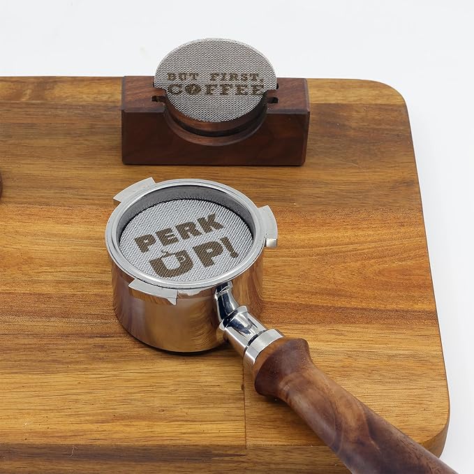 2Packs 53.3mm Espresso Puck Screen | Handmade Walnut Stand | 1.7mm Thickness 150μm 316 Stainless Steel