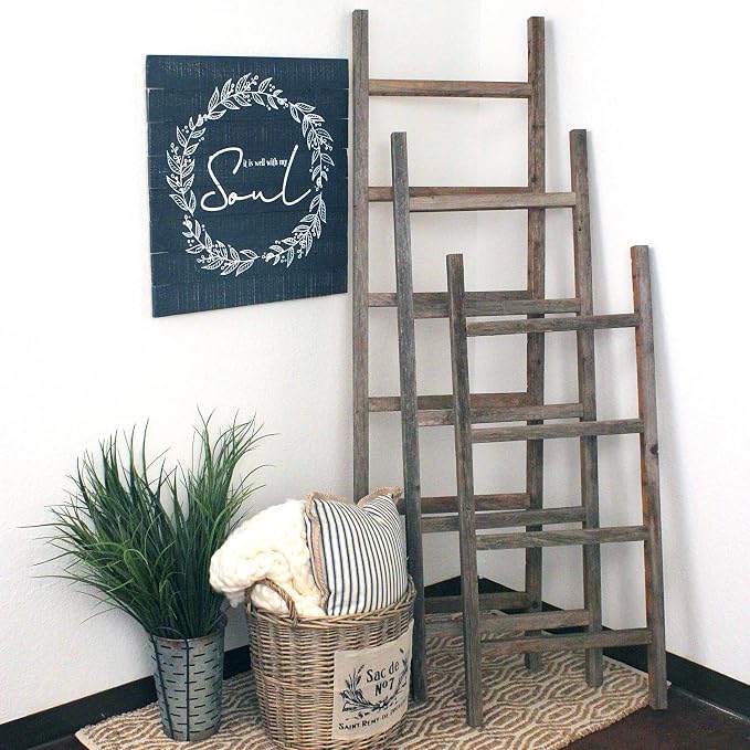 BARNWOODUSA Rustic Farmhouse Decorative Ladder - Our 6 ft Ladder can be Mounted Horizontally or Vertically and is Crafted from Upcycled Wood No Assembly Required Weathered Gray