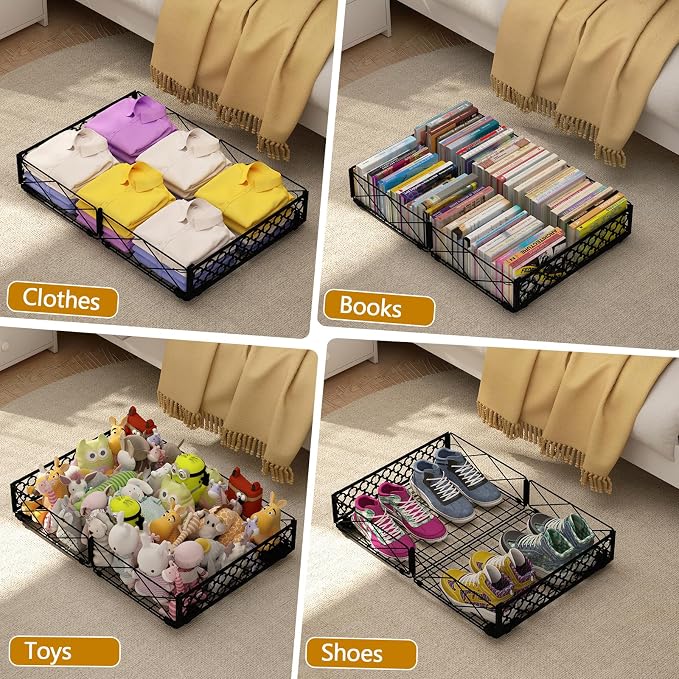 NADAMOO Low Profile Under Bed Storage with Wheels, 4 Pack Rolling Storage Containers, Foldable Metal Organizer Bins