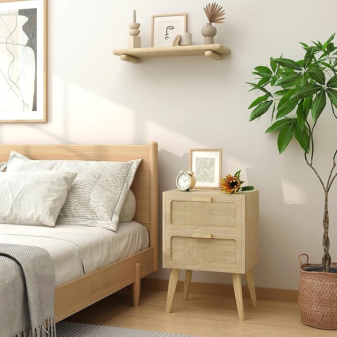 Small Rattan Nightstand,Boho Bedside with Storage,End Table,Side Table with 2 Hand Made Rattan Decorated Drawers for Small Space,Livingroom,Bedroom,Natural 11.8" D x 16" W x 22.4" H CTG59Y