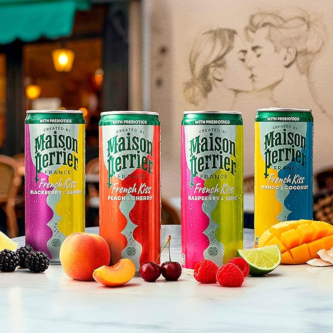 Maison Perrier French Kiss Sweetened Sparkling Juice Beverage, Raspberry & Lime Flavors With Real Fruit Juices, 24Pk